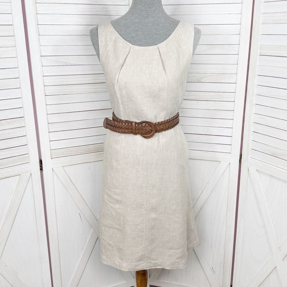 Tahari Linen Sleeveless A Line Dress Tan Beige‎ 8 Knee Length